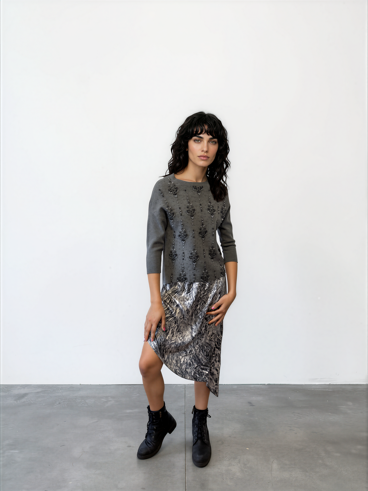 MCQ ALEXANDER MCQUEEN Silk Skirt — Silver Abstract Print, Asymmetric Hem