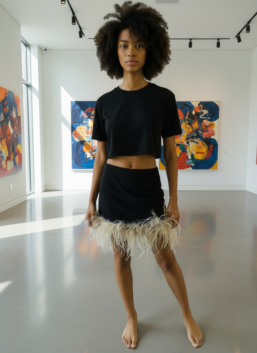 Feather-Hem Mini Skirt & Power Shoulder Tee: mischievous Feathers.