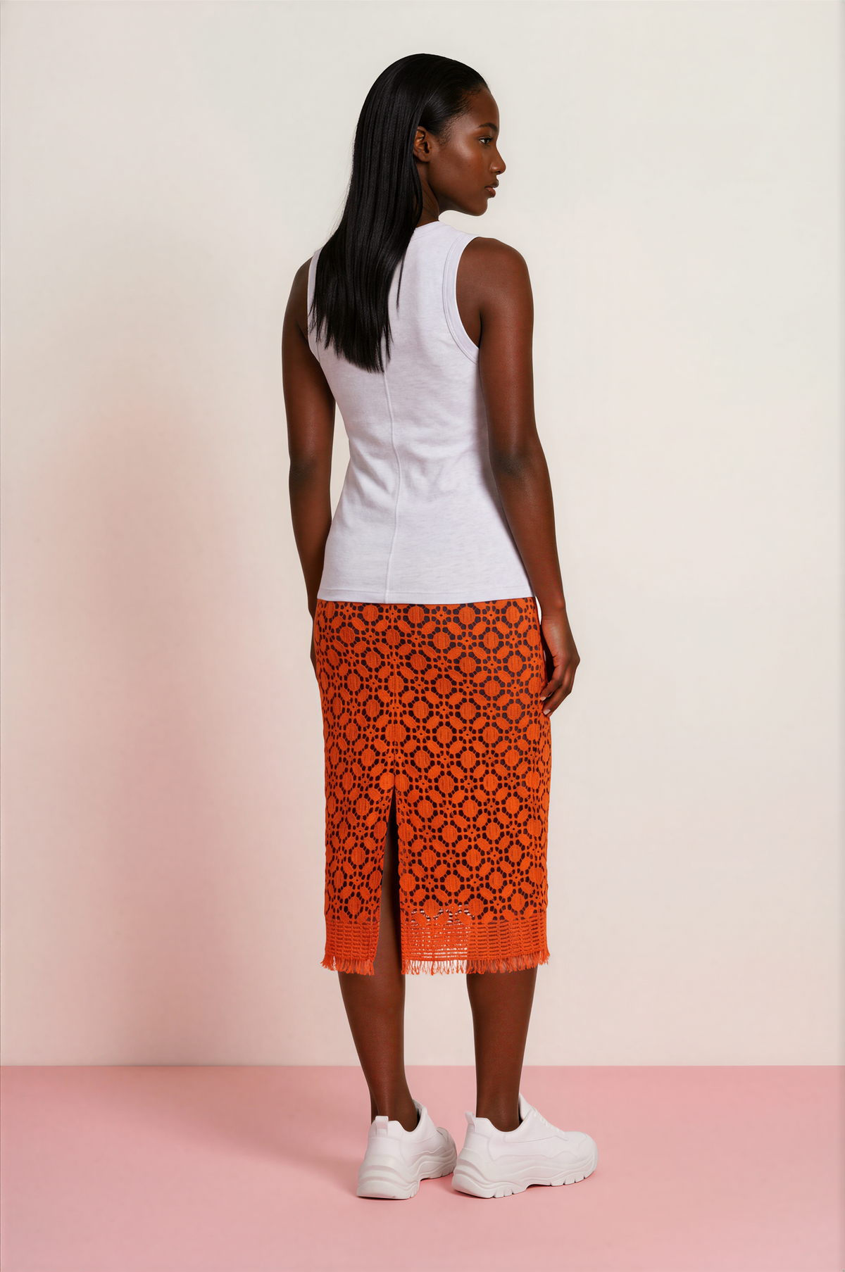 DOROTHEE SCHUMACHER Jupe Midi en Crochet Orange avec Ourlet Frangé