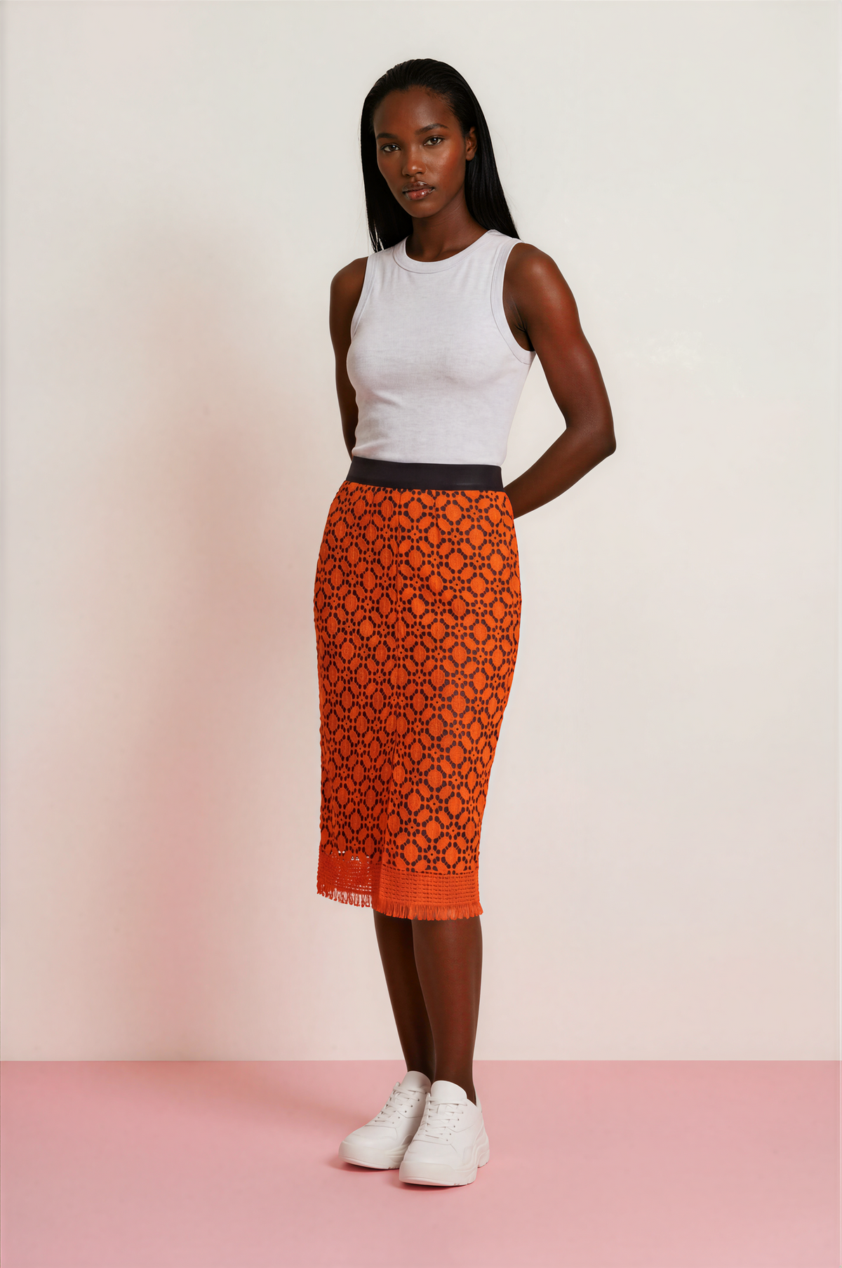 DOROTHEE SCHUMACHER Jupe Midi en Crochet Orange avec Ourlet Frangé