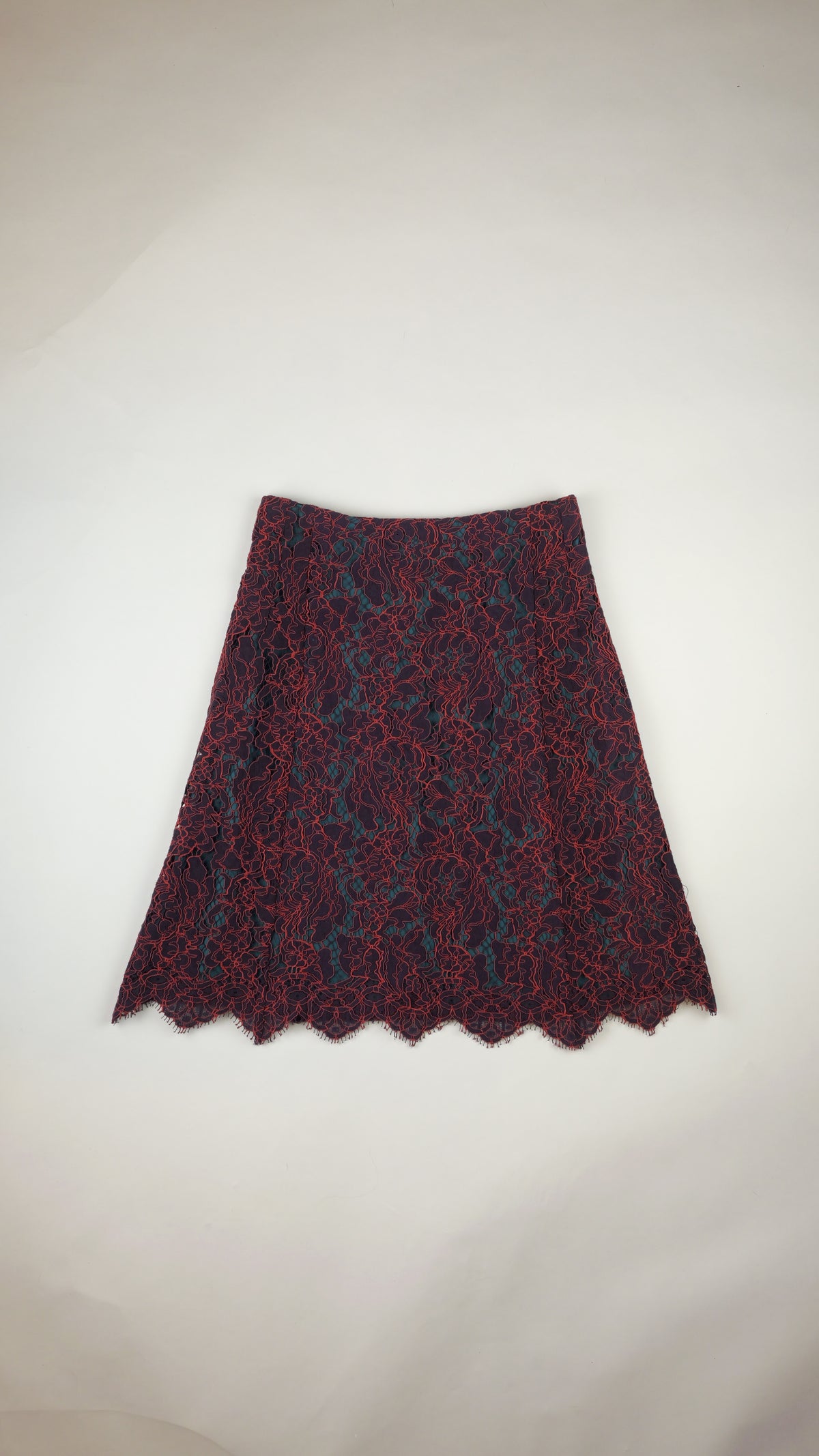 CARVEN Koord-Kant A-Lijn Rok — Bordeaux met Turquoise Voering