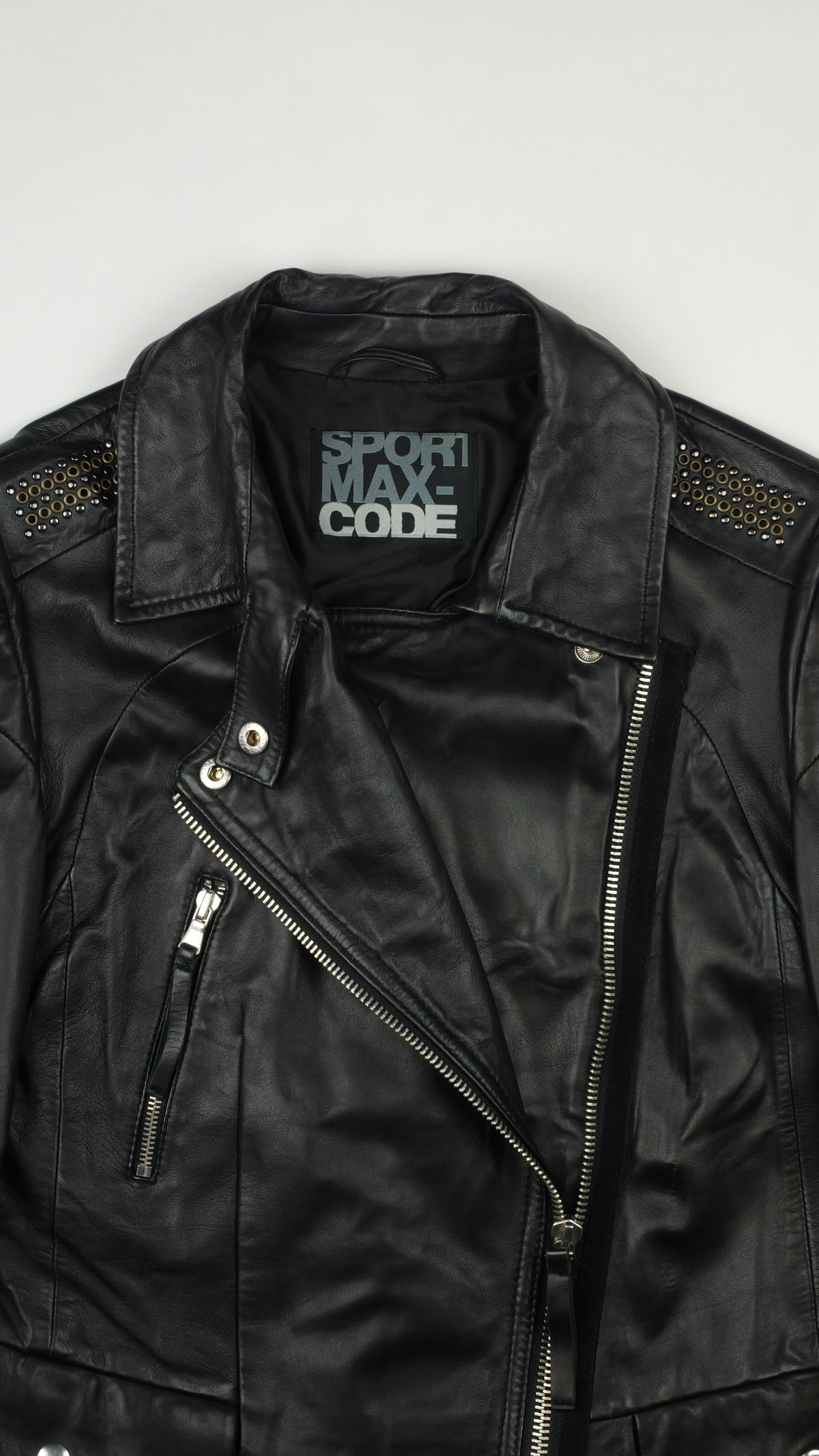 SPORTMAX Lambskin Leather Biker Jacket — Black with Eyelet Studs