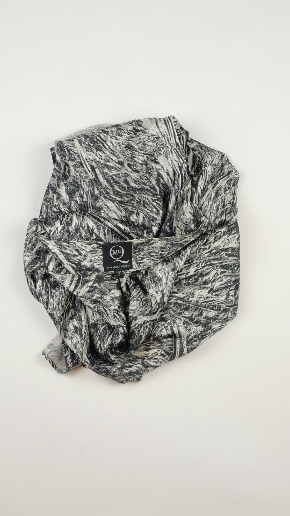 MCQ ALEXANDER MCQUEEN Silk Skirt — Silver Abstract Print, Asymmetric Hem