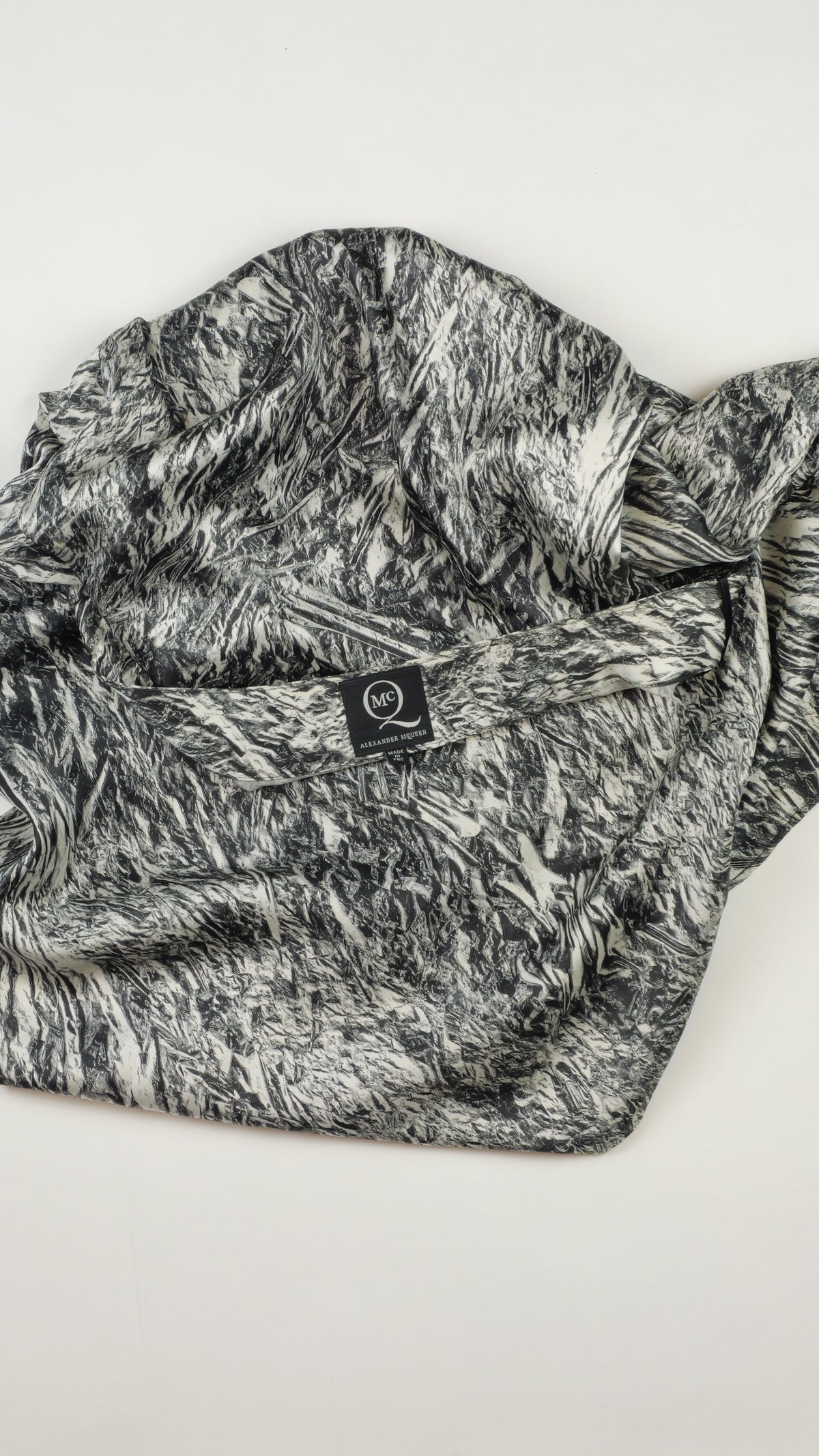 MCQ ALEXANDER MCQUEEN Silk Skirt — Silver Abstract Print, Asymmetric Hem