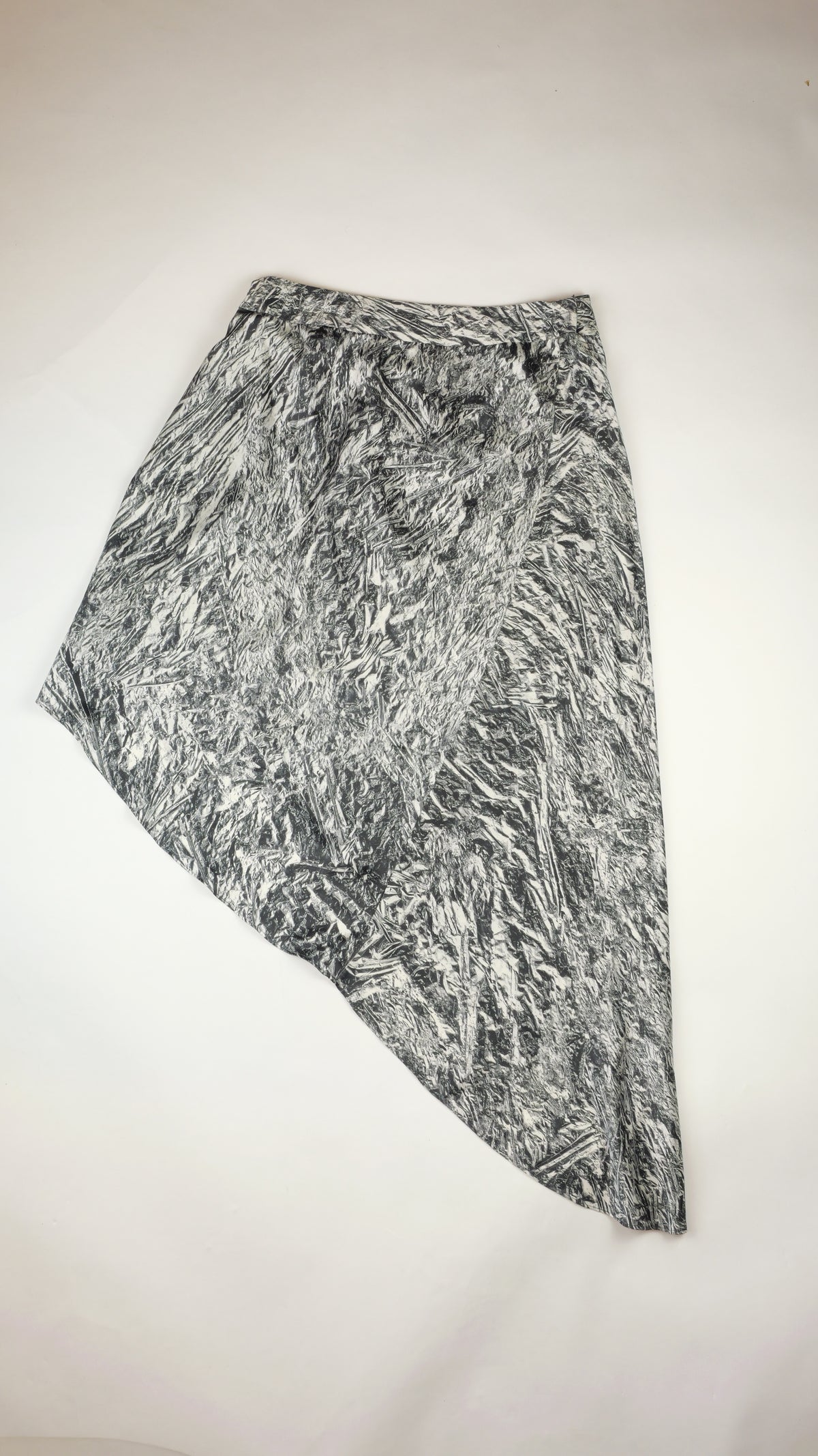 MCQ ALEXANDER MCQUEEN Silk Skirt — Silver Abstract Print, Asymmetric Hem