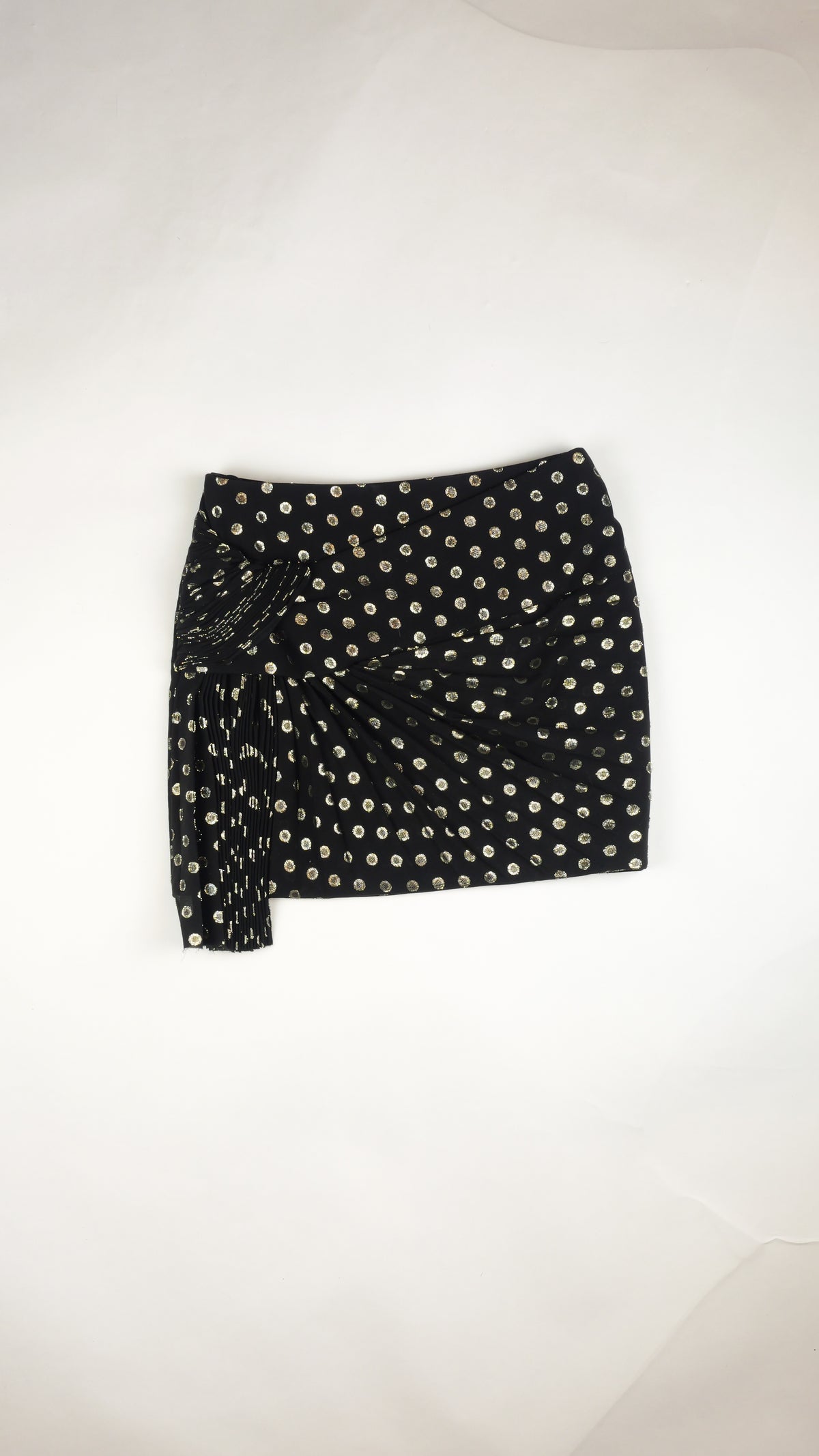 Saint Laurent Black Mini Skirt with Metallic Polka Dots & Pleated Drape