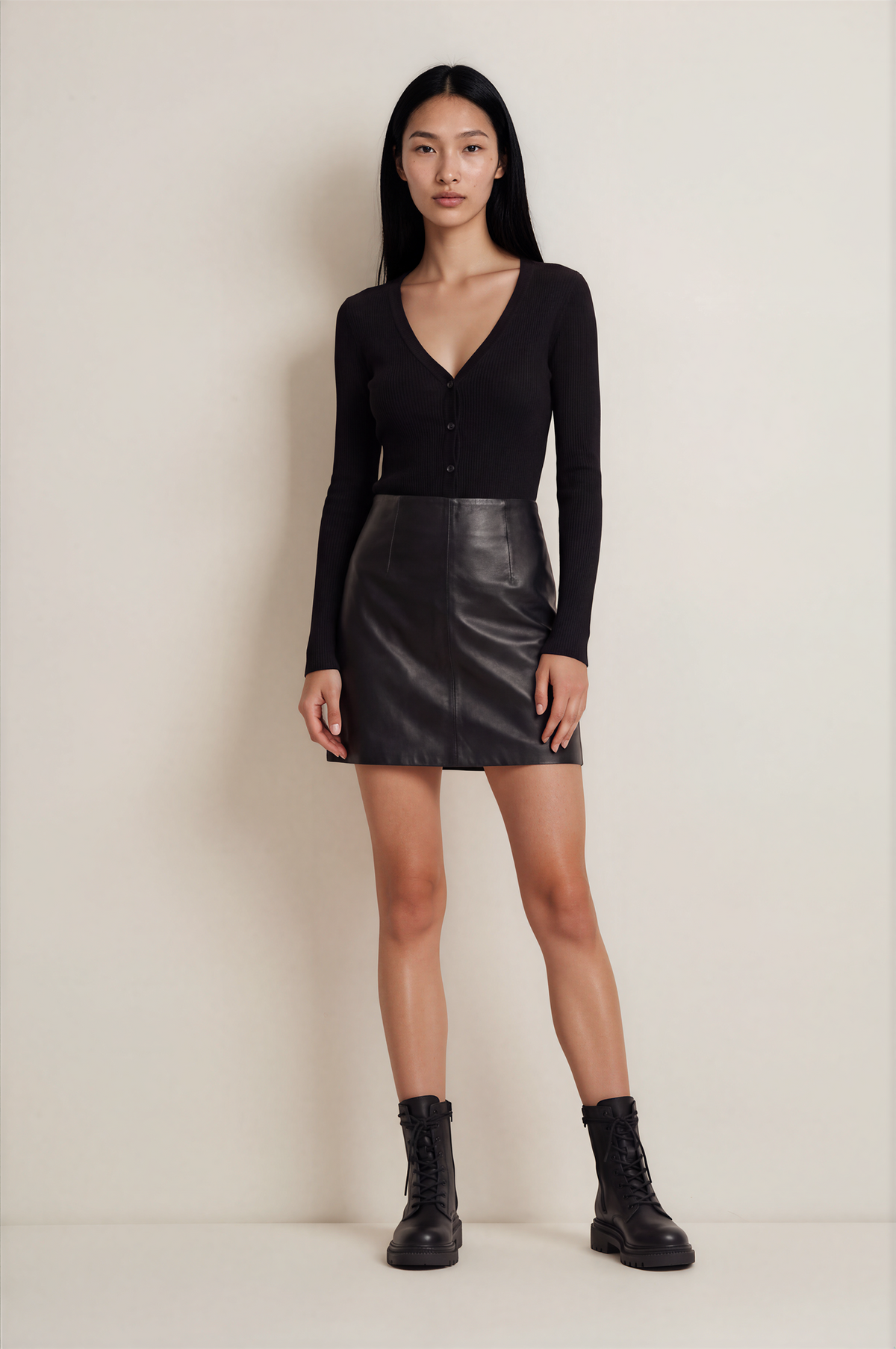 PRADA Black Leather A-Line Mini Skirt