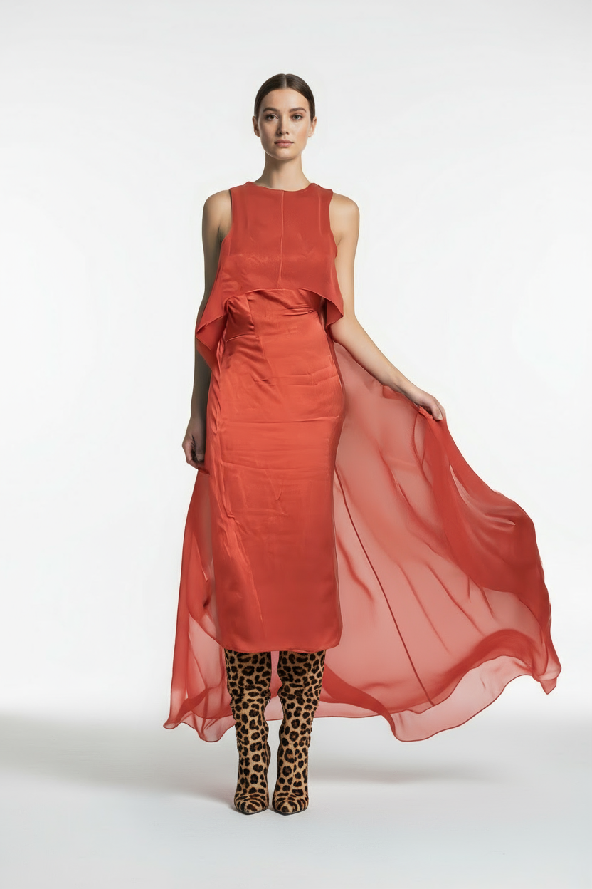 Thomas Wylde One-of-a-Kind High-Low Dress: Rust Cape Overlay.