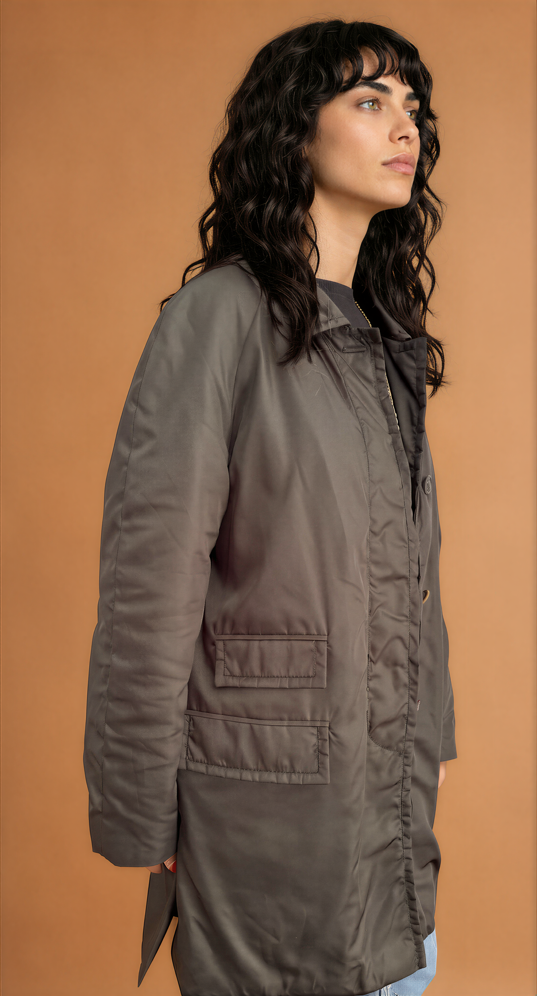 PRADA Khaki Parka Coat — Satin-Finish Trench Silhouette