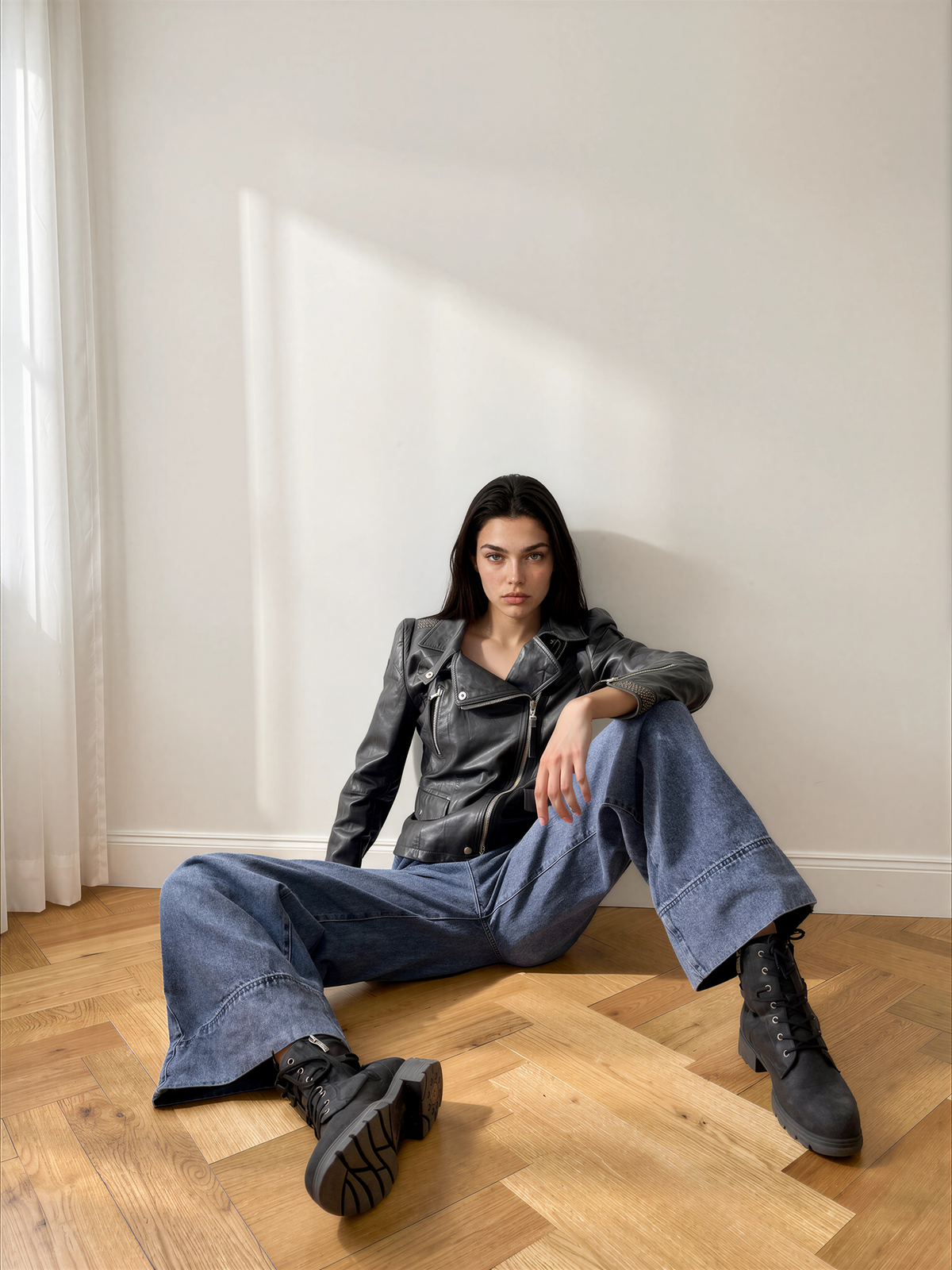 SPORTMAX Lambskin Leather Biker Jacket — Black with Eyelet Studs