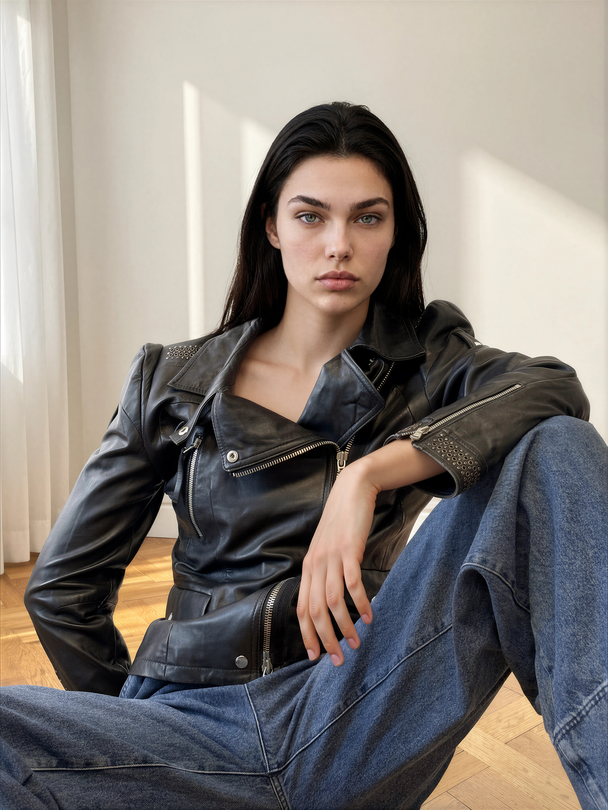 SPORTMAX Lambskin Leather Biker Jacket — Black with Eyelet Studs