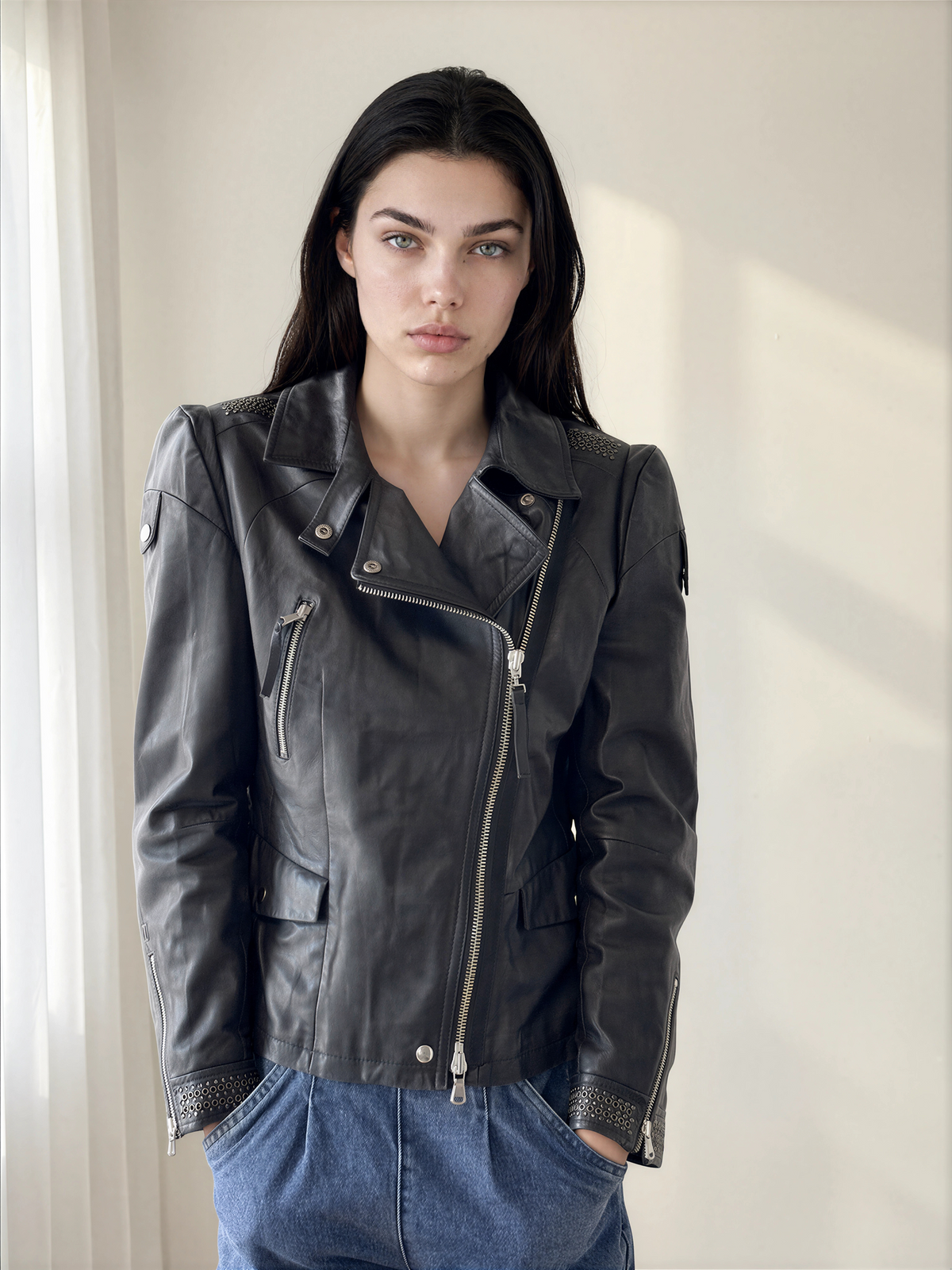 SPORTMAX Lambskin Leather Biker Jacket — Black with Eyelet Studs