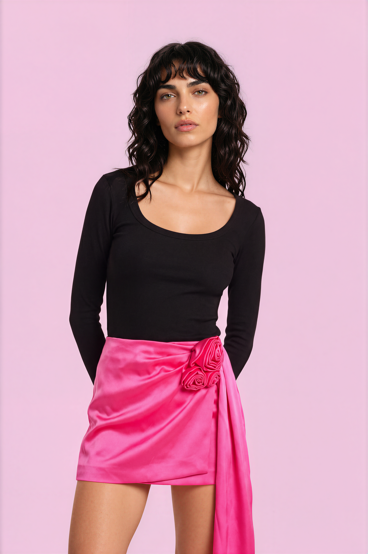 MAGDA BUTRYM Hot Pink Satin Wrap Skirt with Rosette Detail