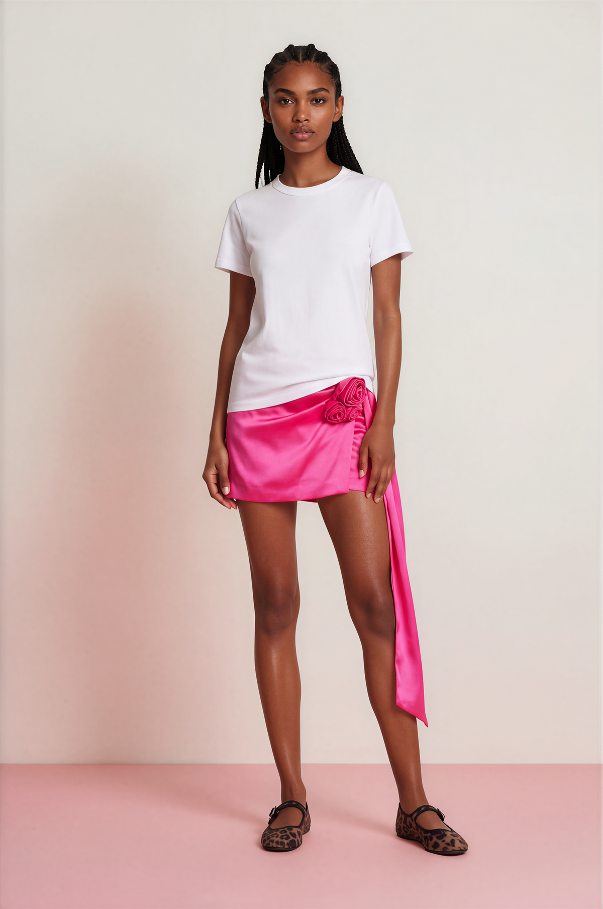 MAGDA BUTRYM Hot Pink Satin Wrap Skirt with Rosette Detail