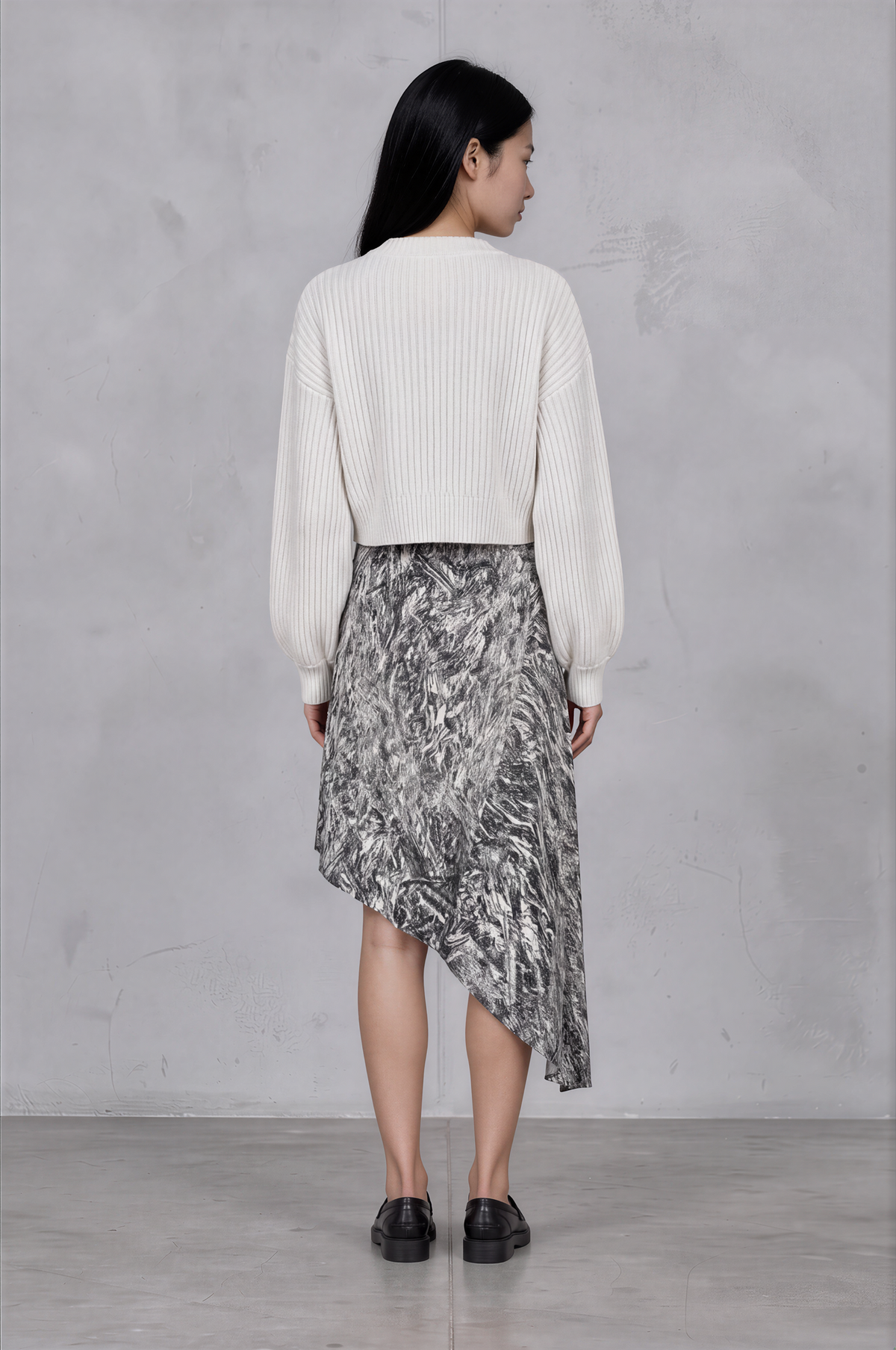 MCQ ALEXANDER MCQUEEN Silk Skirt — Silver Abstract Print, Asymmetric Hem
