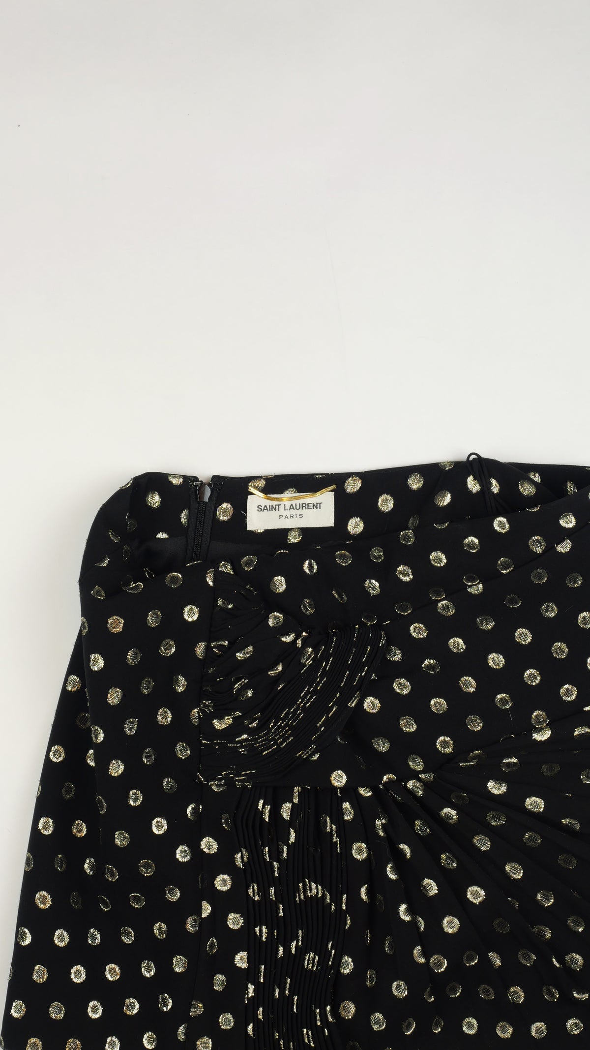 SAINT LAURENT Mini-jupe Noire à Pois Métallisés & Drapé Plissé
