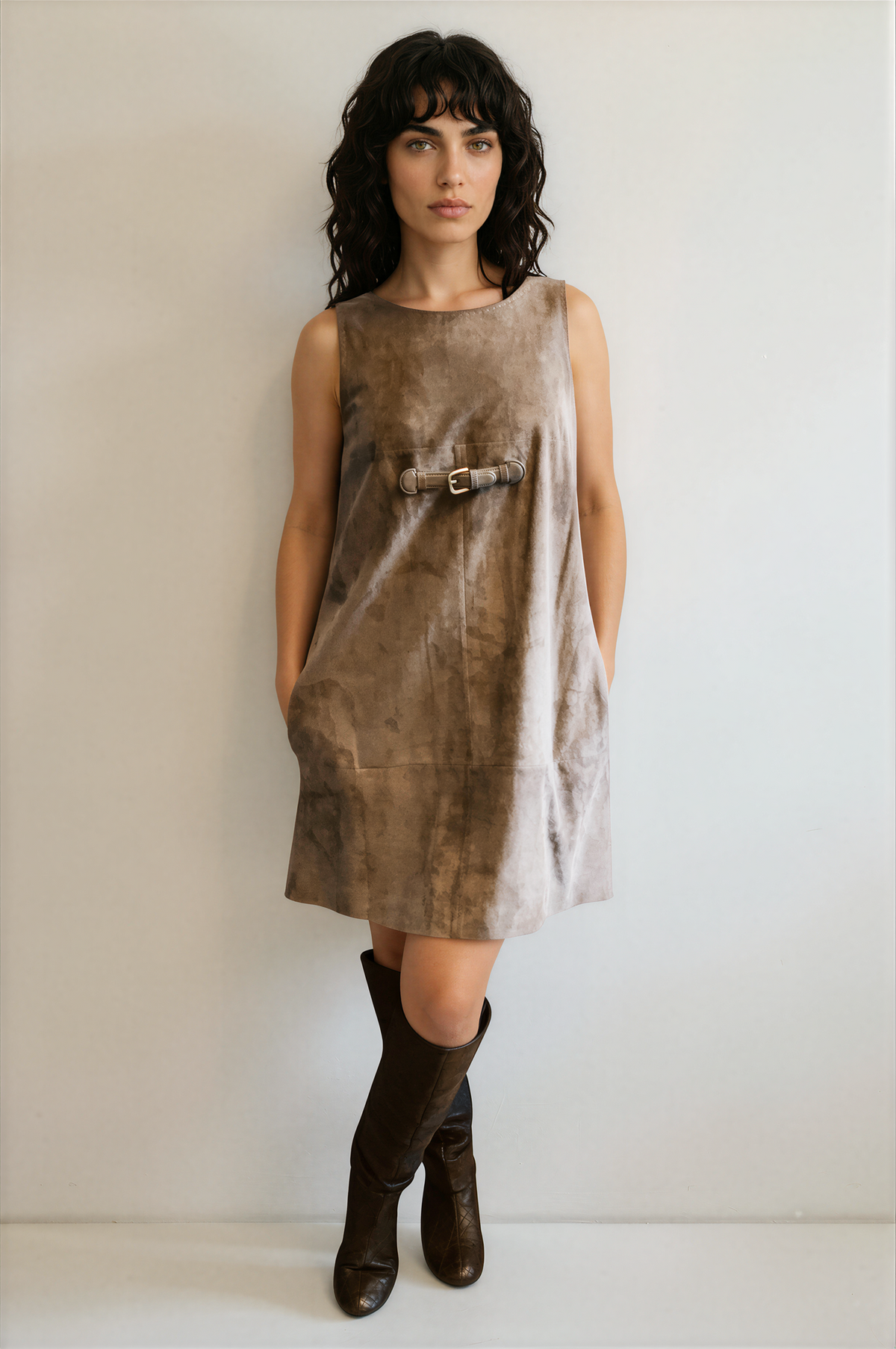 PAULE KA Robe Chasuble en Daim — Taupe avec Boucle Dorée