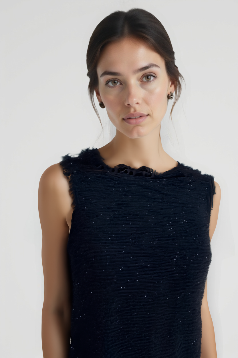 Feather-Hem Sleeveless Mini Dress: Sassy Feathers Flirt.