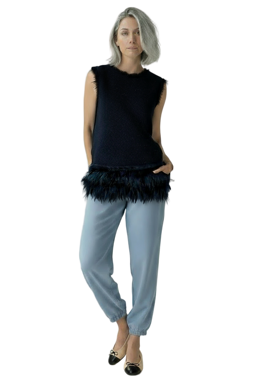 Feather-Hem Sleeveless Mini Dress: Sassy Feathers Flirt.