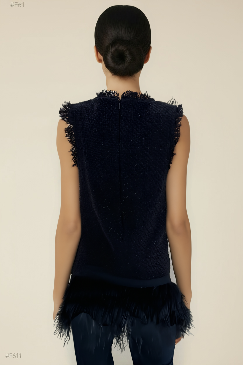 Feather-Hem Sleeveless Mini Dress: Sassy Feathers Flirt.