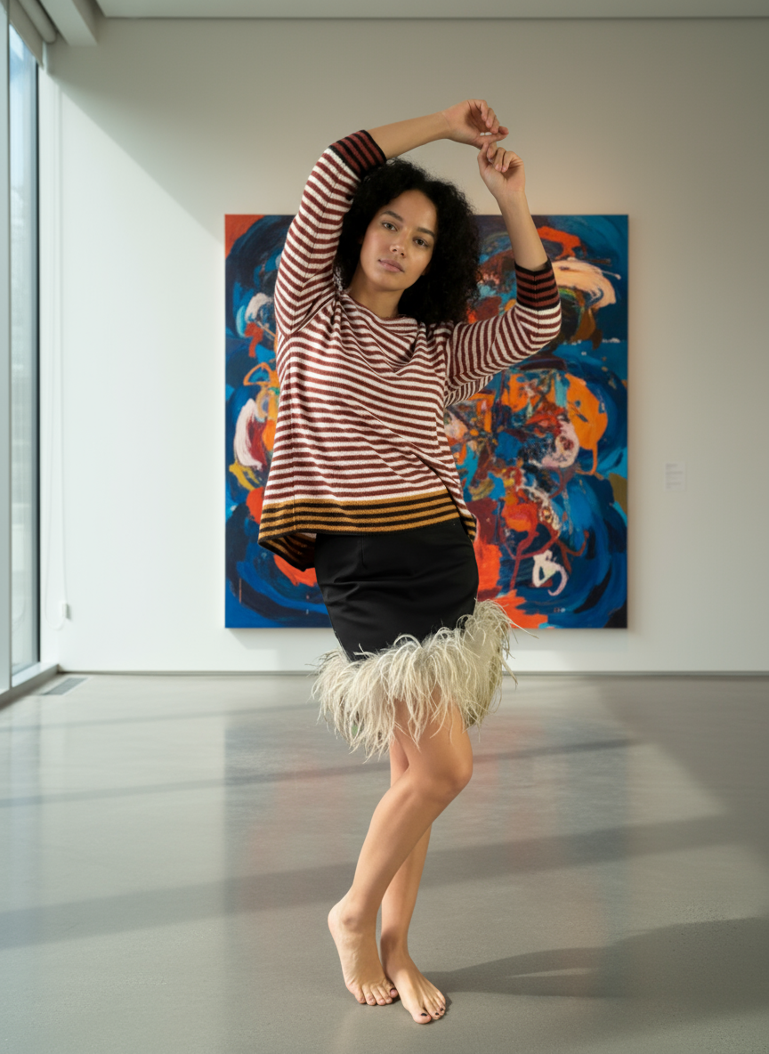 Feather-Hem Mini Skirt & Power Shoulder Tee: mischievous Feathers.